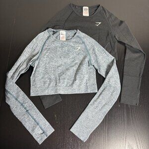 GYMSHARK Womens M Lot of 2 Long Sleeve Crop Tops Blue & Charcoal Gray